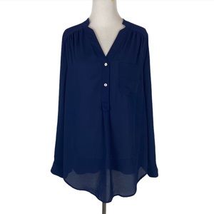 ModCloth Pam Breeze-ly Long Sleeve Tunic Fervour Medium Navy Blouse Top Work